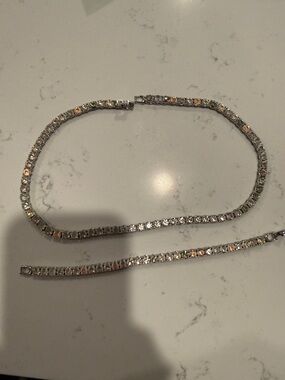 COACH Rhinestone Tennis Necklace and Bracelet Set - Silver Iridescent Accents